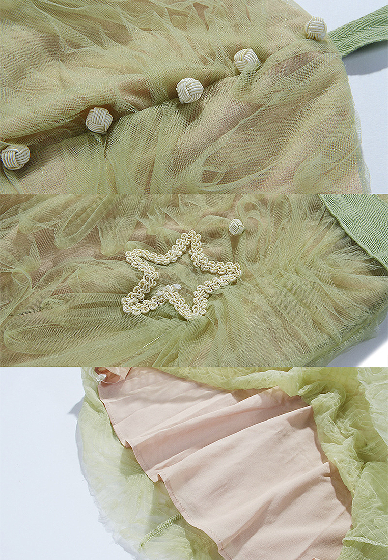 2024 Summer New Green Mesh Star Moon Sling Waist Wrap Dress CA4021920GR