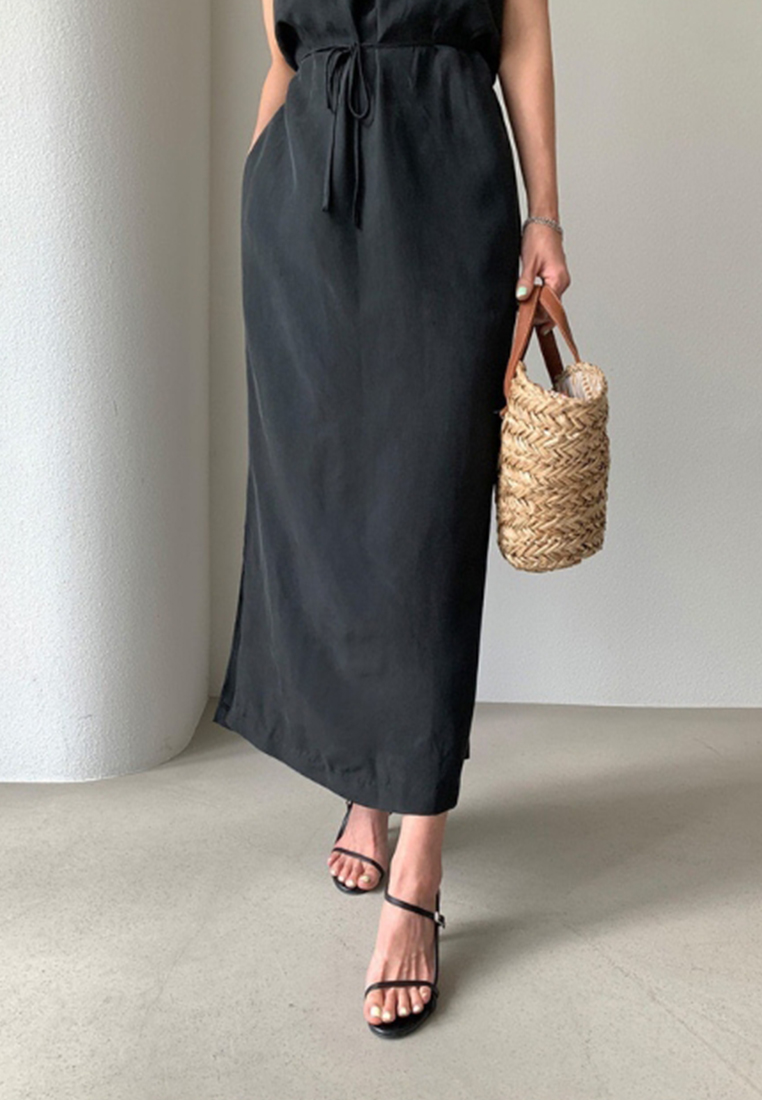 2025 minimalist lace up waist cinching slit dress CA25032720BL