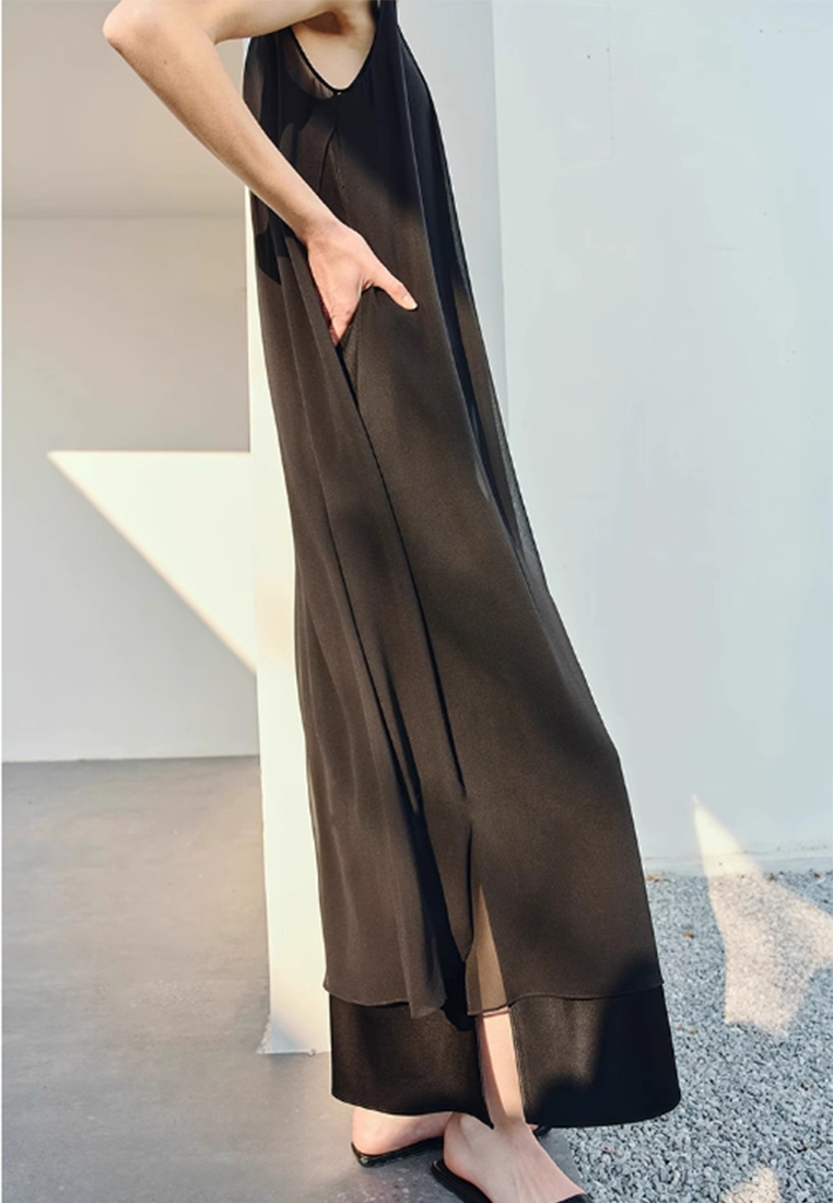 Satin pearl sleeveless long dress CA25061720BK