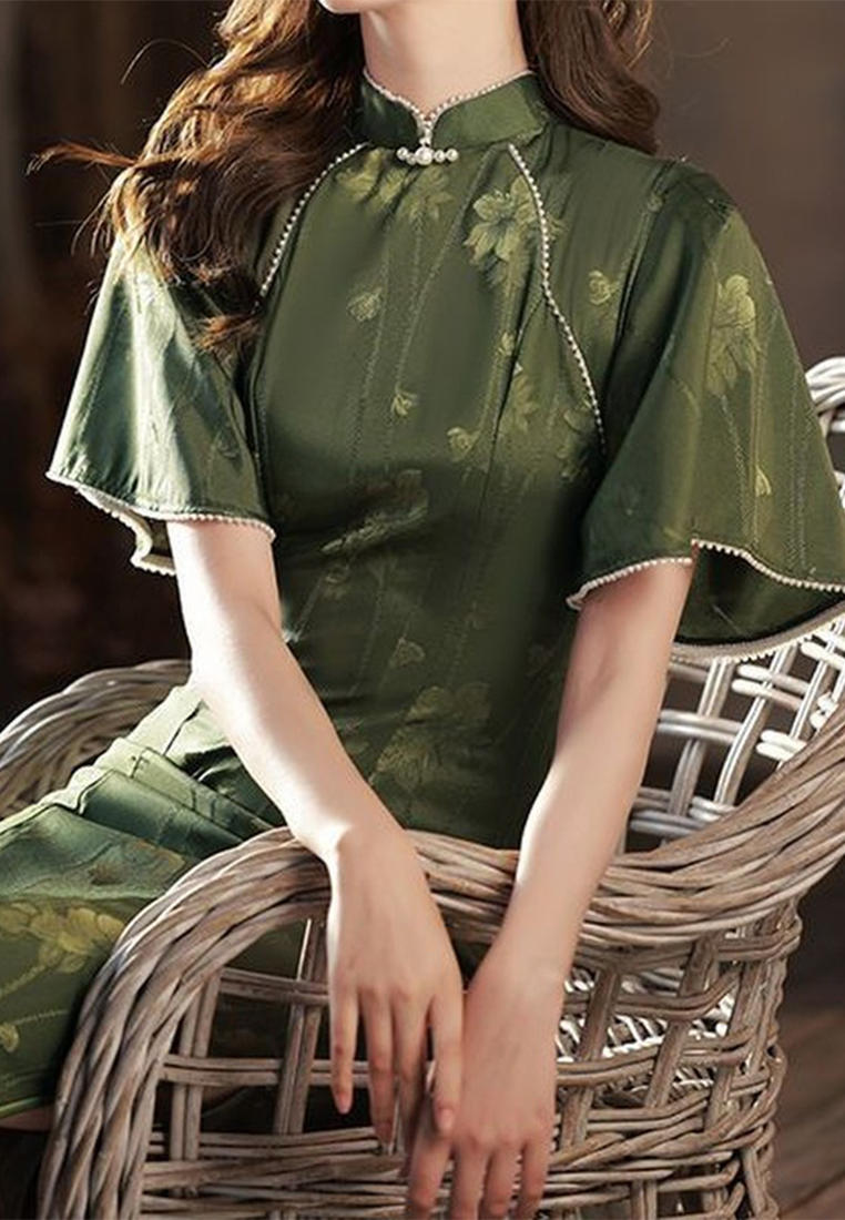 Flying sleeve summer retro Chinese style green dress CA122720