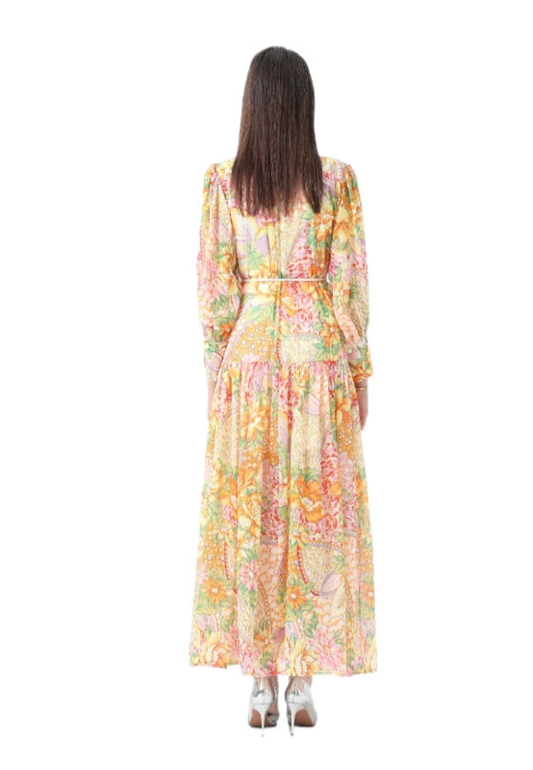 2025 Retro Stand up Collar Wave Edge Printed Dress CA25031220YE