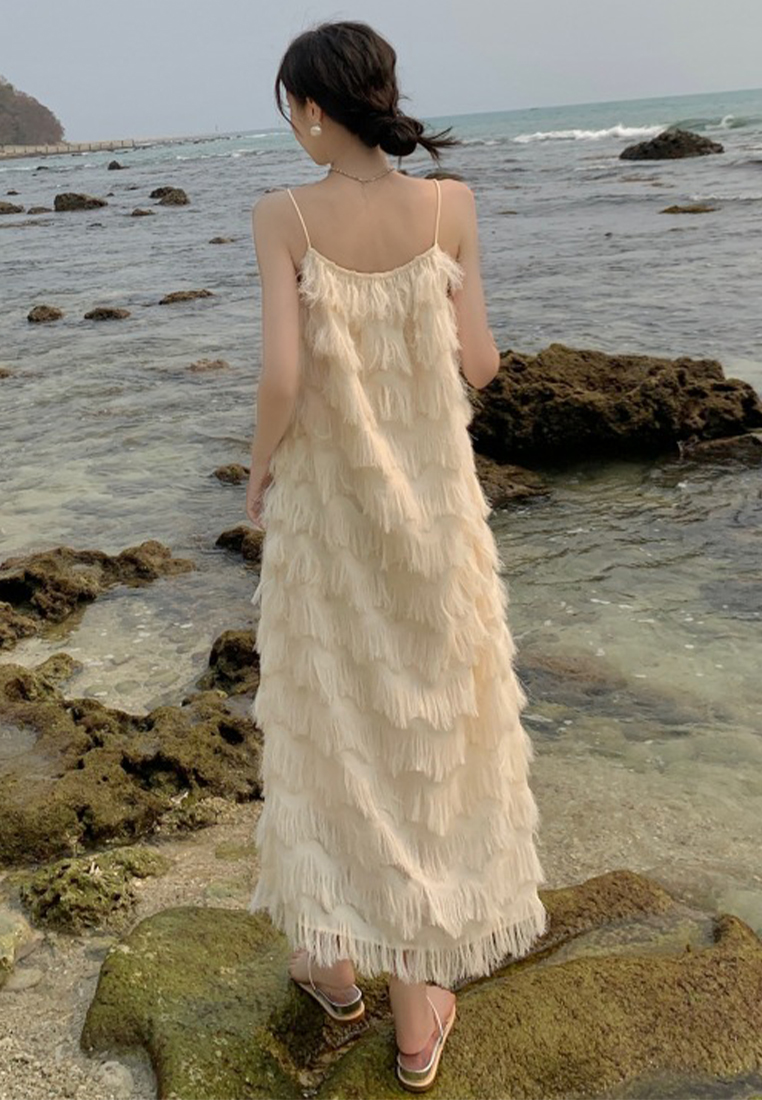 Bohemian suspender fringed French maxi skirt CA24030720