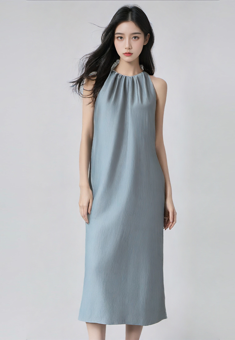 2025 minimalist lace up waist cinching slit dress CA25032720BL