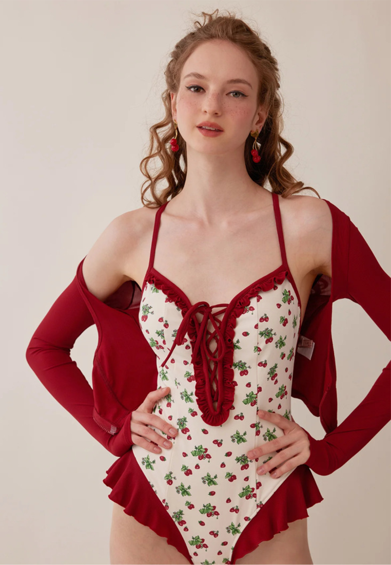 New French strawberry print suspender cardigan dress swimsuit CA250523020RD