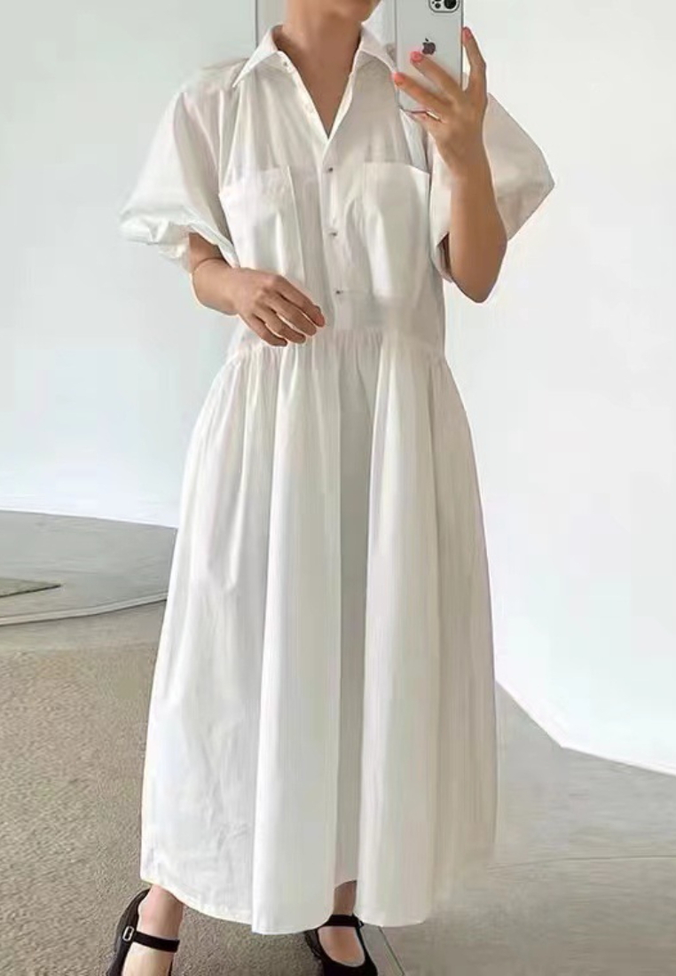 Simple and stylish fitted dress with lantern sleeves CA25091920W