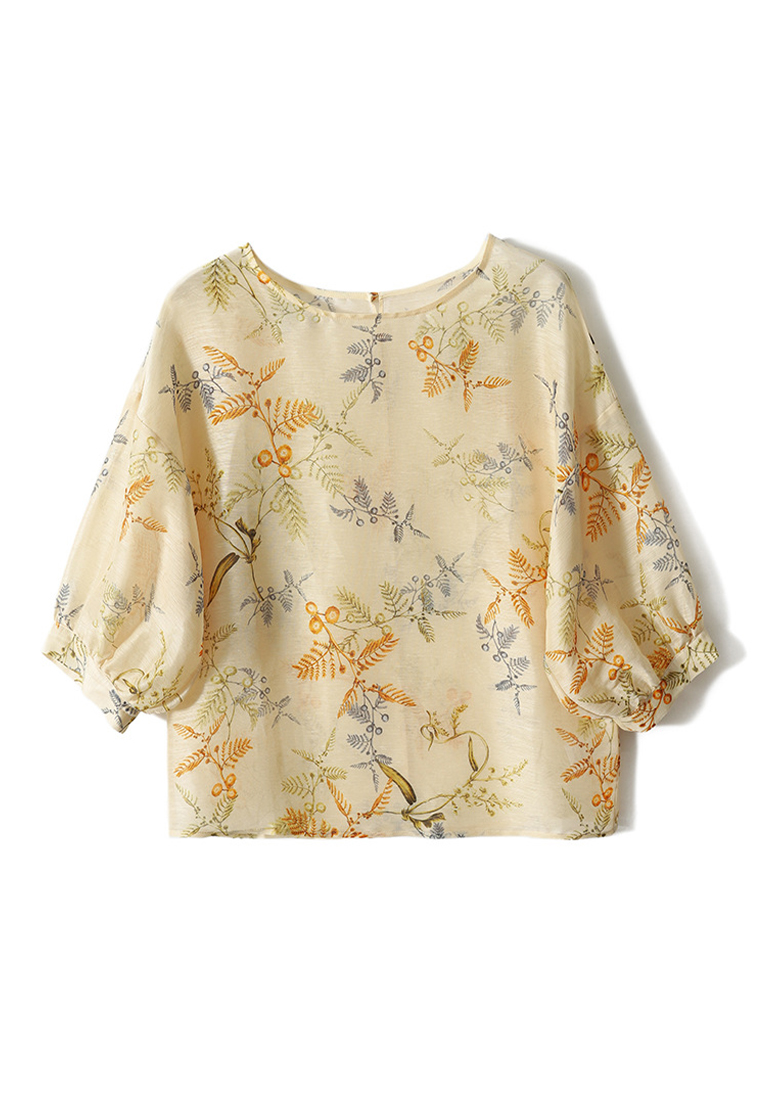 Exquisite Printed Linen Silk Bubble Sleeve Top CA090820