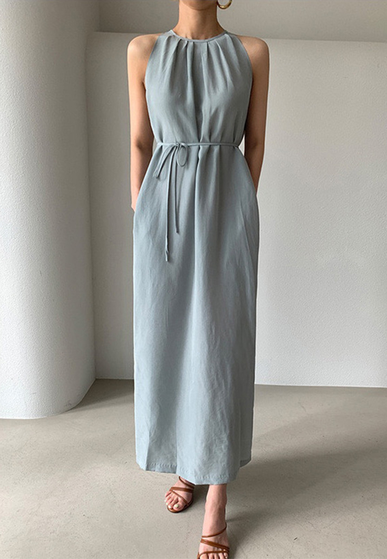 2025 minimalist lace up waist cinching slit dress CA25032720BL