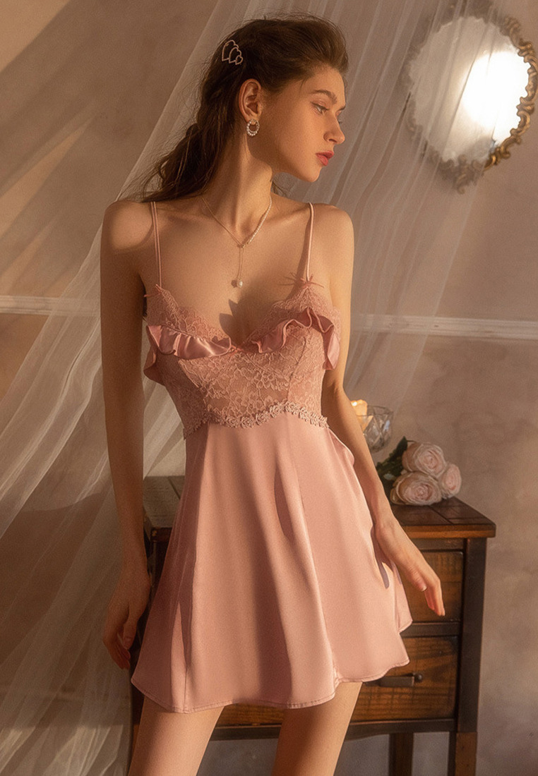 V-neck lace suspender sexy nightdress A010420BL