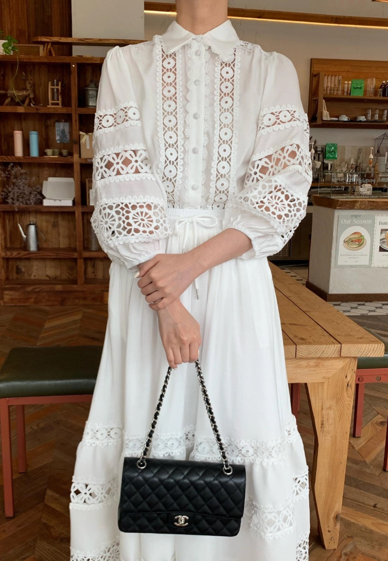 French retro hollow lace lantern sleeve shirt CA25031920W