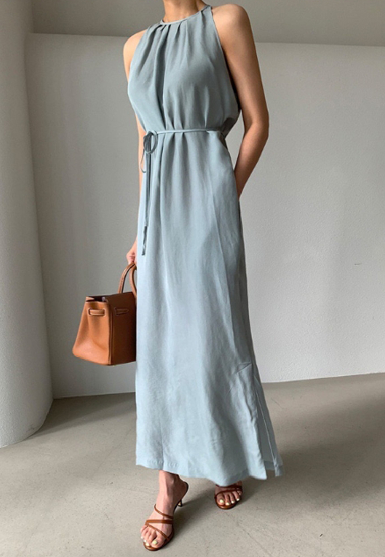 2025 minimalist lace up waist cinching slit dress CA25032720BL