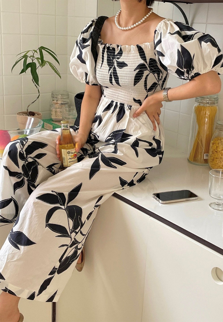 Versatile printed puff-sleeve jumpsuit CA25070920W