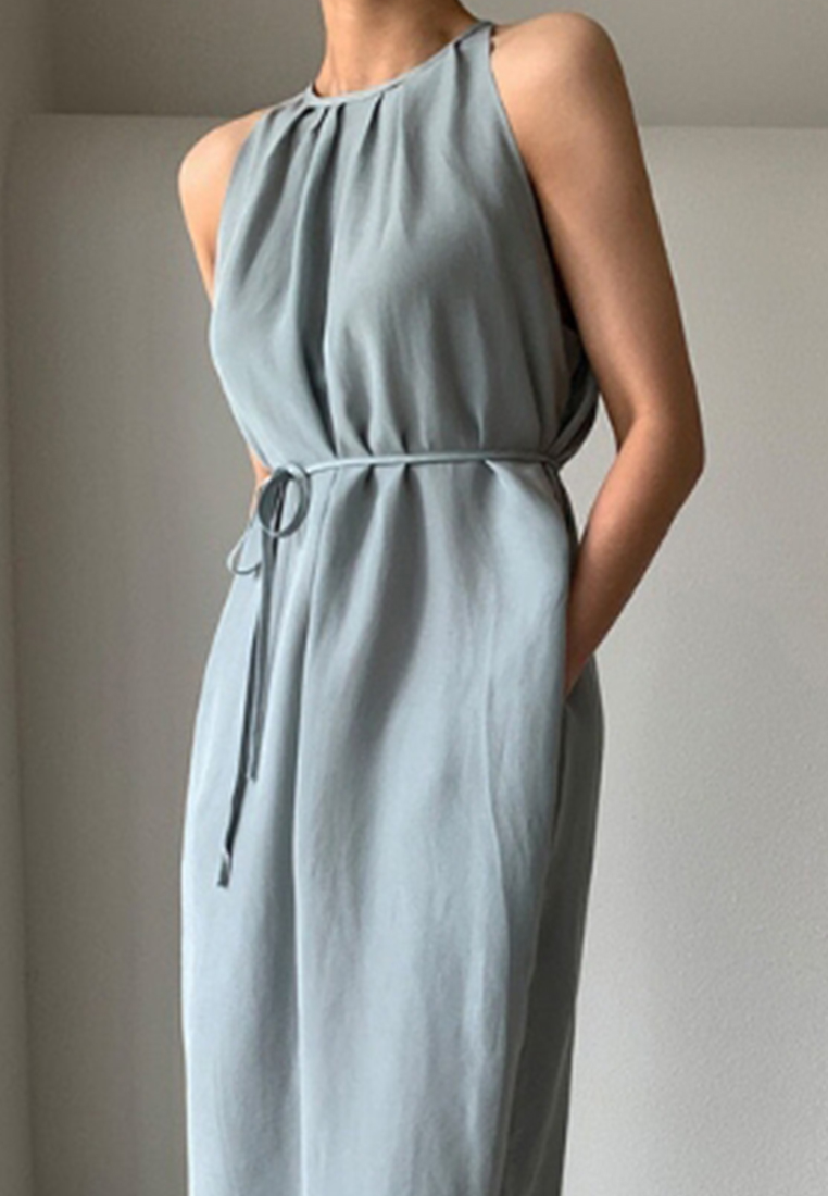 2025 minimalist lace up waist cinching slit dress CA25032720BL