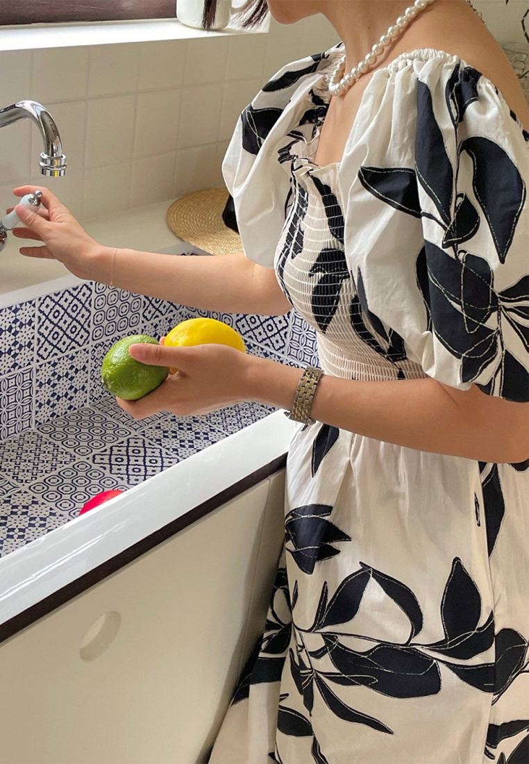 Versatile printed puff-sleeve jumpsuit CA25070920W