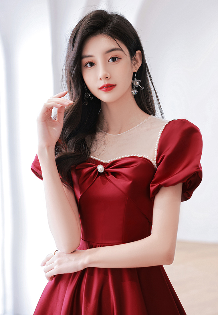 Solid Satin French Bubble Sleeve Evening Dress CA092603RD-M