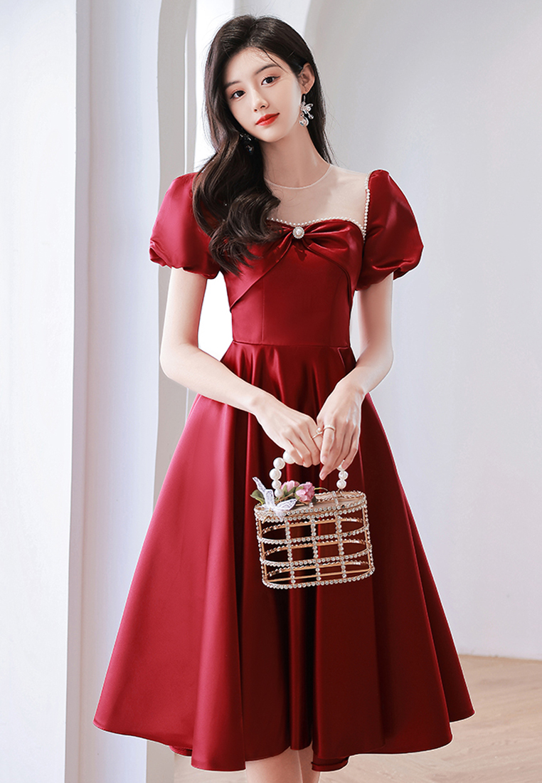 Solid Satin French Bubble Sleeve Evening Dress CA092603RD-M