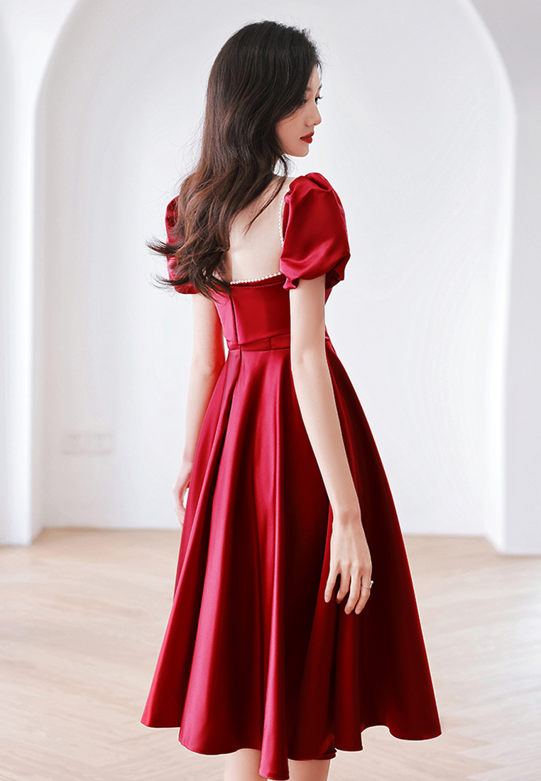 Solid Satin French Bubble Sleeve Evening Dress CA092603RD-M