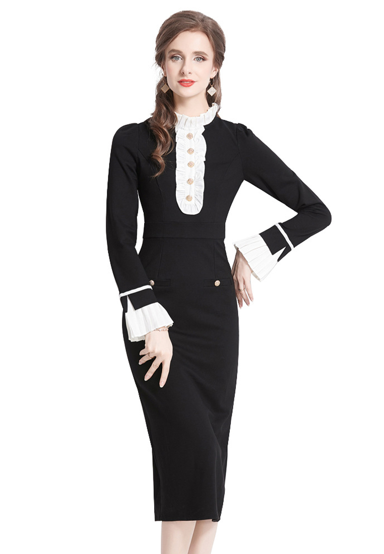 Contrast color stitching petal collar black long-sleeved dress CA100525 - XL
