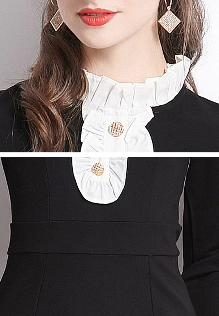 Contrast color stitching petal collar black long-sleeved dress CA100525 - XL