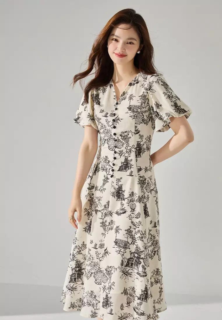 New Black and White Printed V-neck Puff Sleeve Fishtail Dress K052402-sunnydaysweety