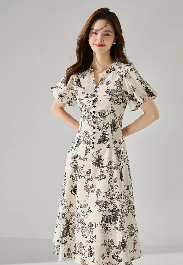  New Black and White Printed V-neck Puff Sleeve Fishtail Dress K052402-sunnydaysweety
