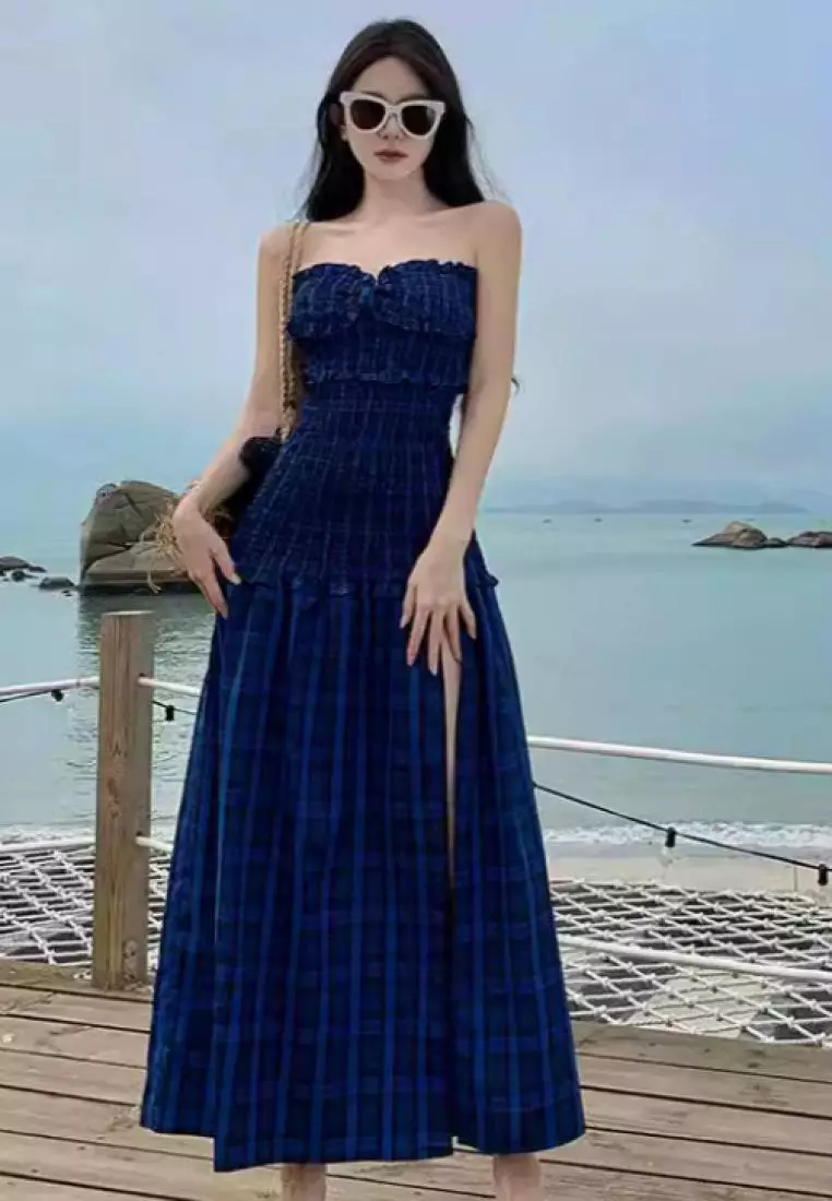New Blue Plaid Tube Top Slit Long Dress K071103-sunnydaysweety