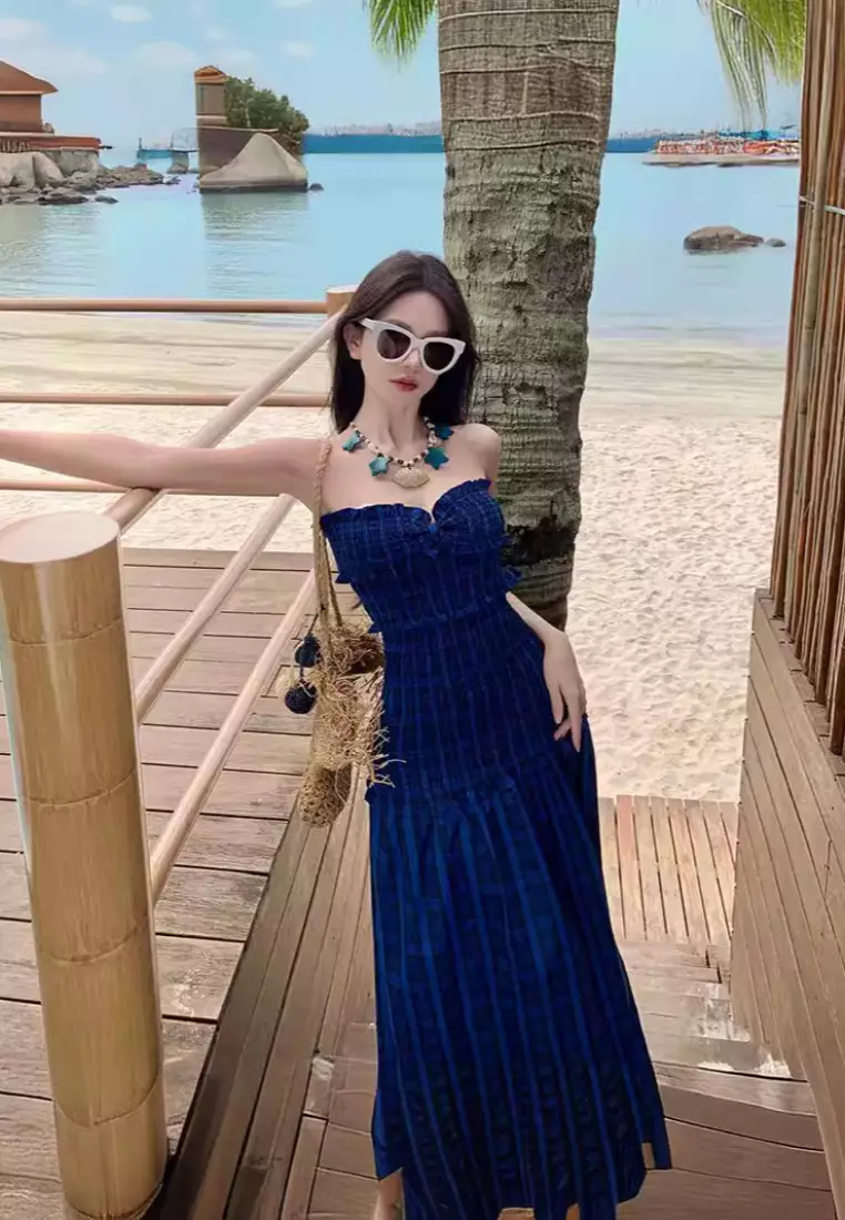 New Blue Plaid Tube Top Slit Long Dress K071103-sunnydaysweety
