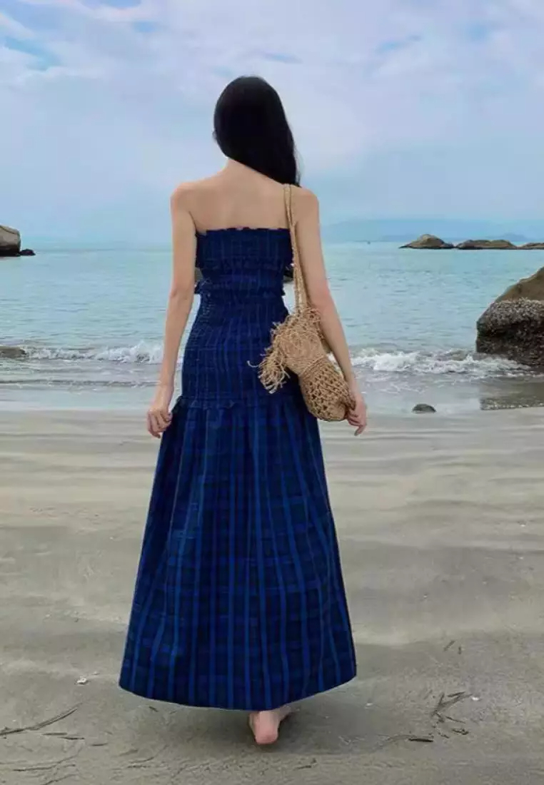 New Blue Plaid Tube Top Slit Long Dress K071103-sunnydaysweety