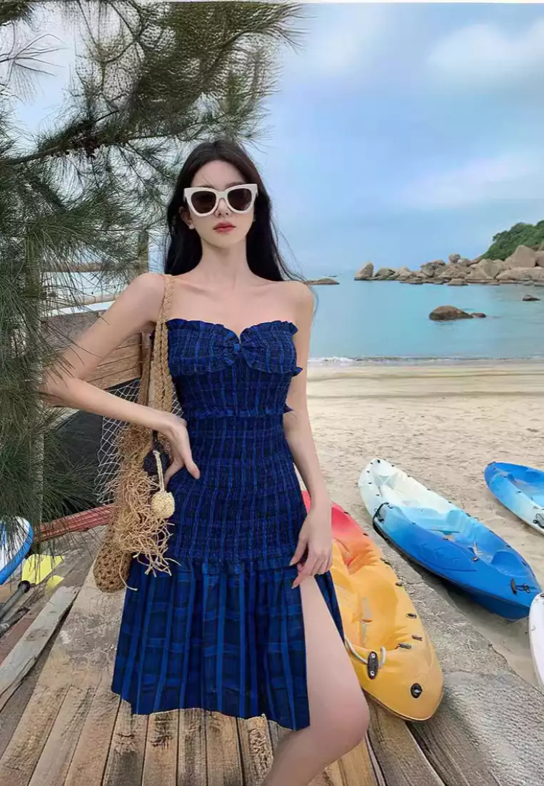 New Blue Plaid Tube Top Slit Long Dress K071103-sunnydaysweety