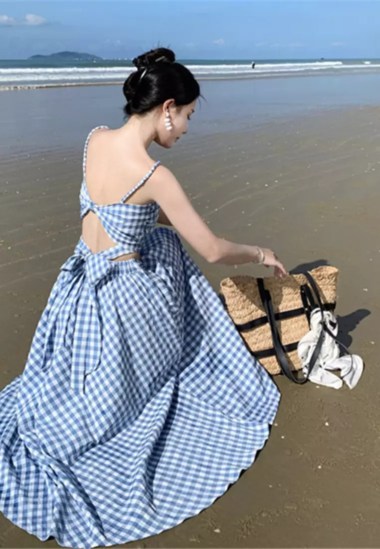  New Blue and White Plaid Backless Bowknot Camisole Skirt Two-piece Dress K071104-sunnydaysweety