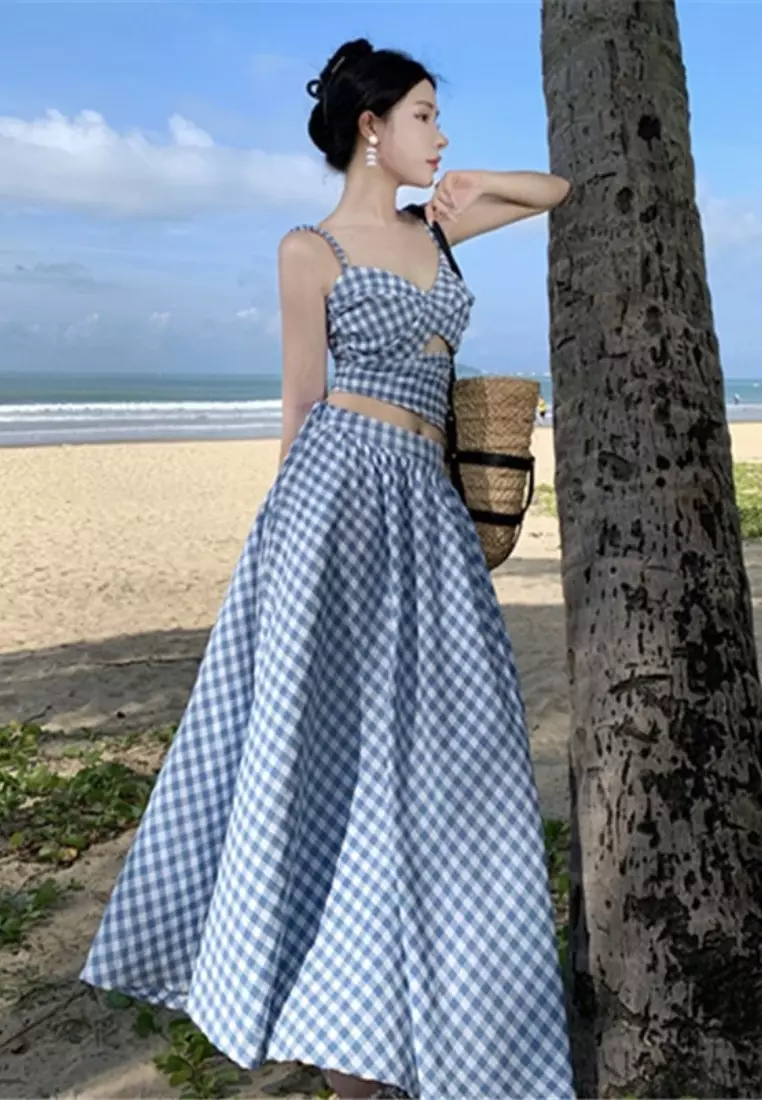  New Blue and White Plaid Backless Bowknot Camisole Skirt Two-piece Dress K071104-sunnydaysweety