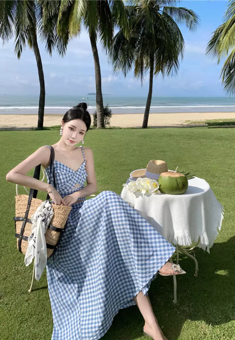  New Blue and White Plaid Backless Bowknot Camisole Skirt Two-piece Dress K071104-sunnydaysweety