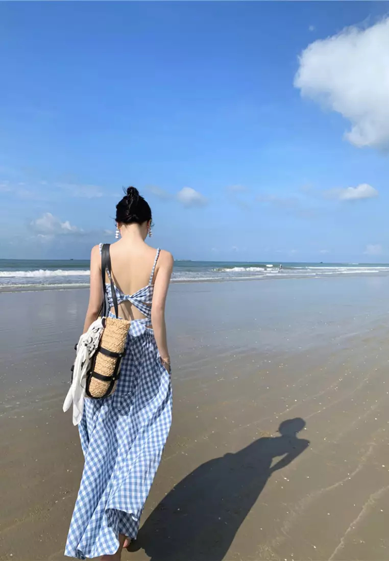  New Blue and White Plaid Backless Bowknot Camisole Skirt Two-piece Dress K071104-sunnydaysweety