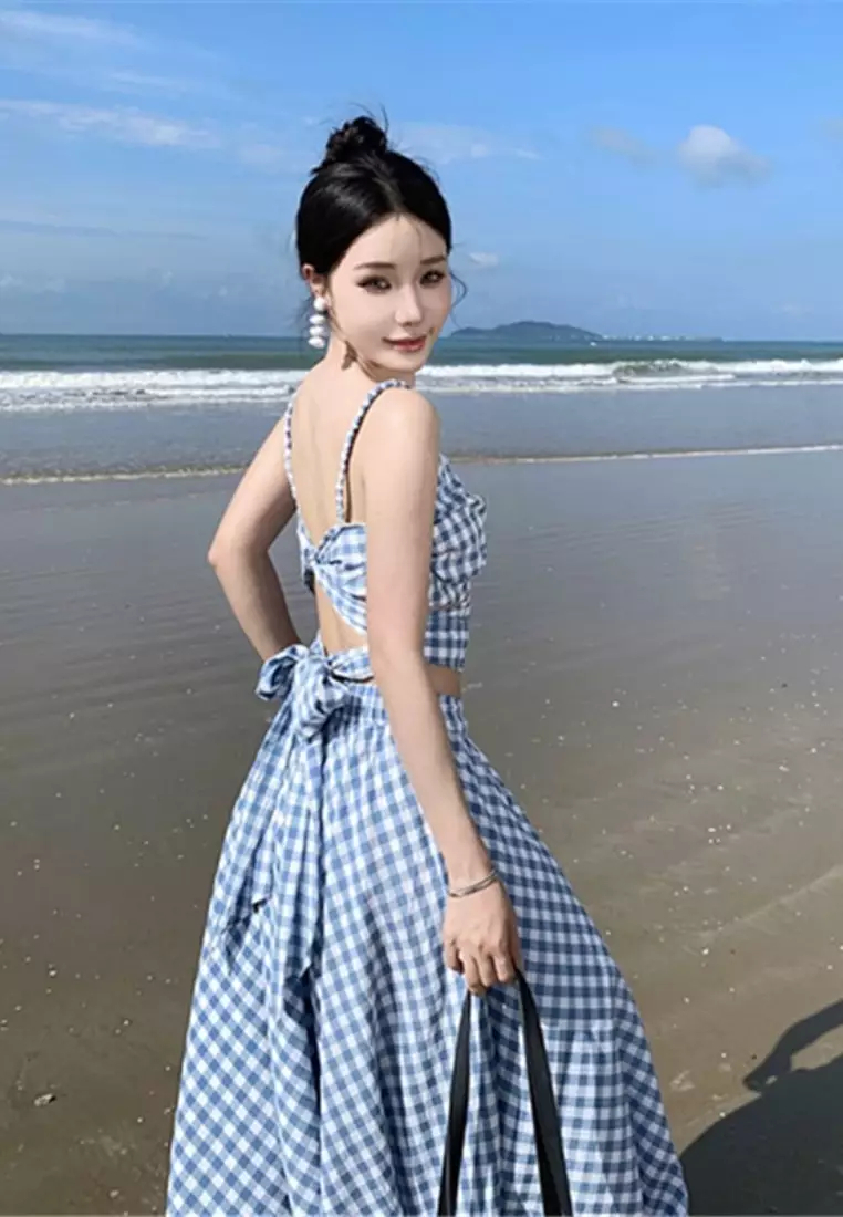  New Blue and White Plaid Backless Bowknot Camisole Skirt Two-piece Dress K071104-sunnydaysweety