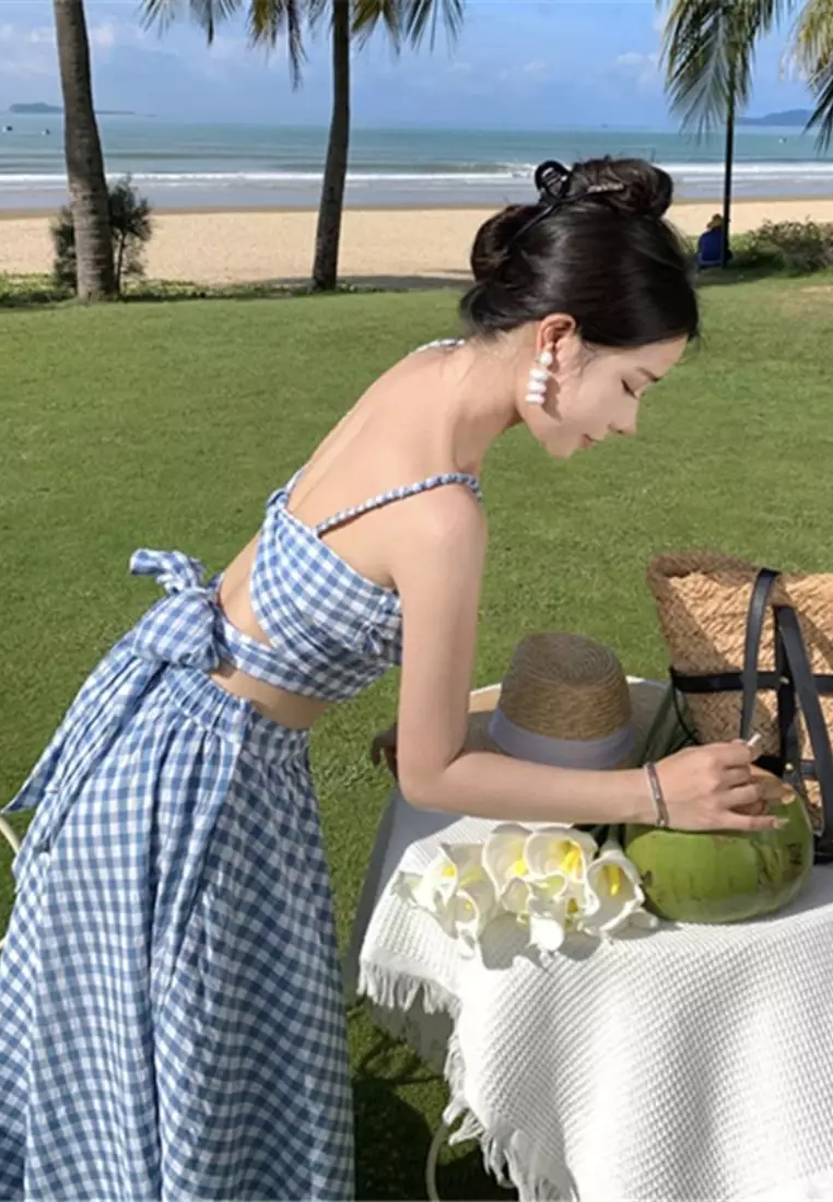  New Blue and White Plaid Backless Bowknot Camisole Skirt Two-piece Dress K071104-sunnydaysweety