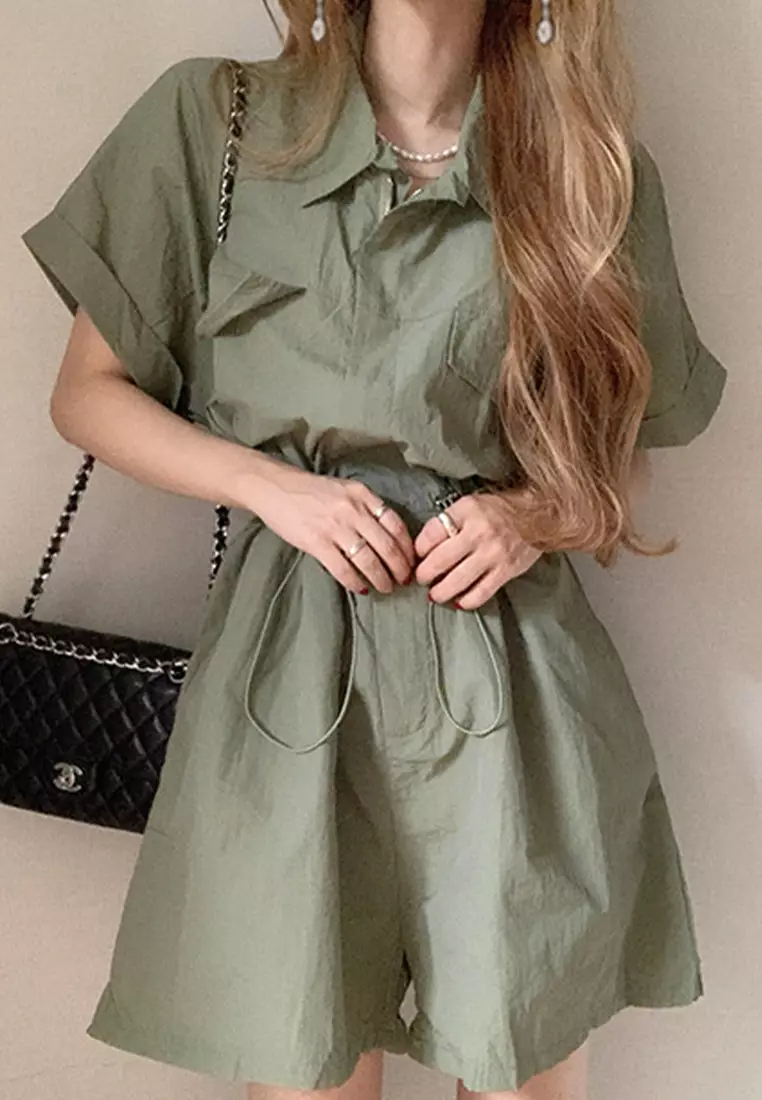 2024 New Korean Style Casual Waist Fold Collar Dress CA24061121GR