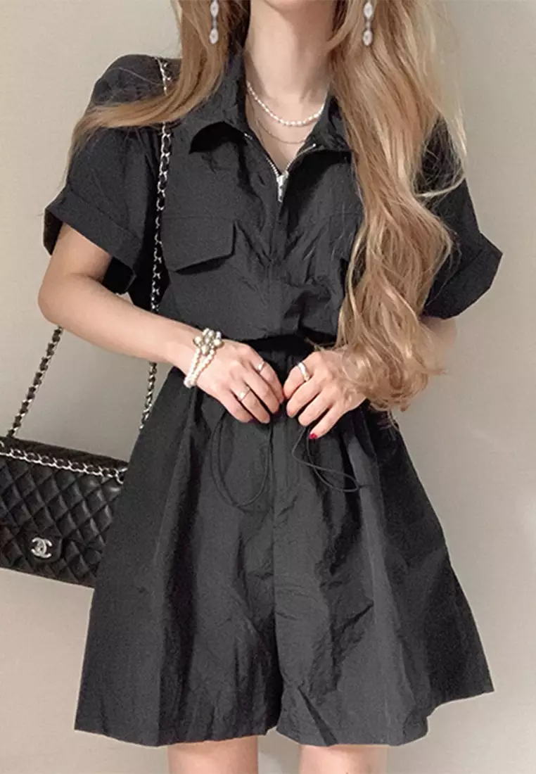 2024 New Korean Style Casual Waist Fold Collar Dress CA24061121GR