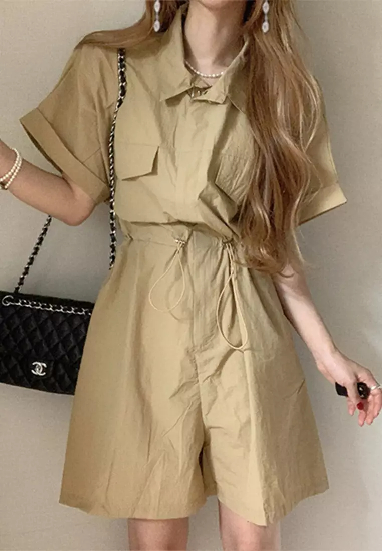 2024 New Korean Style Casual Waist Fold Collar Dress CA24061121GR