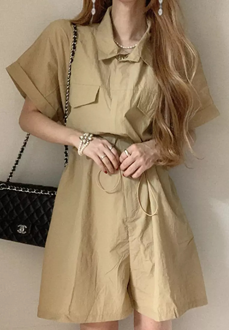 2024 New Korean Style Casual Waist Fold Collar Dress CA24061121GR