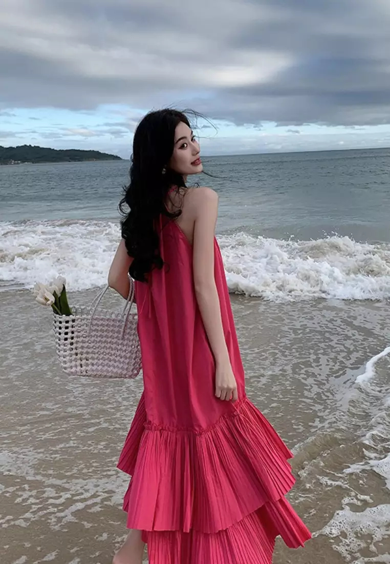 New Rose Red Loose Lotus Leaf Vest Dress K071102-sunnydaysweety