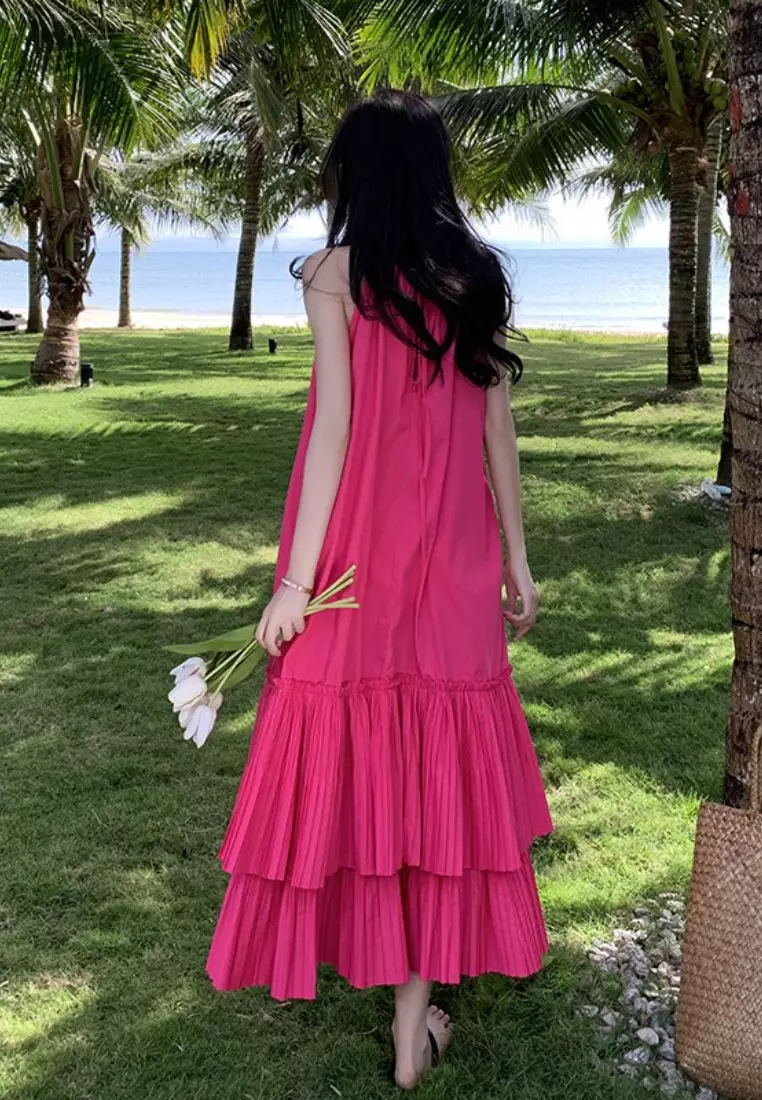 New Rose Red Loose Lotus Leaf Vest Dress K071102-sunnydaysweety