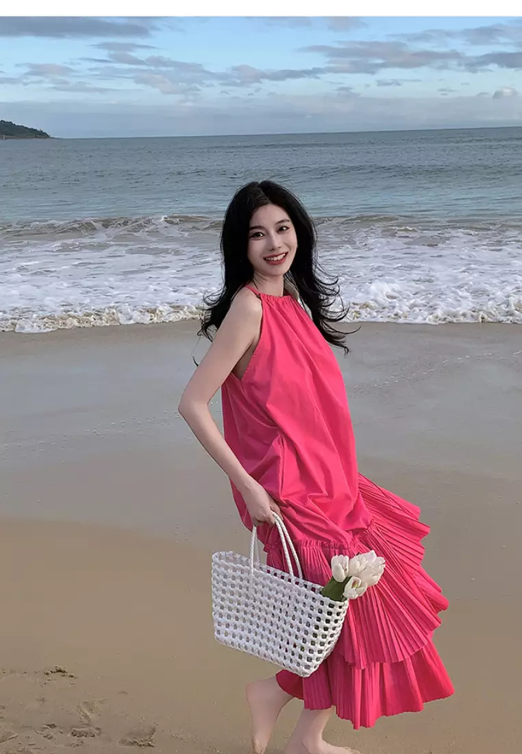 New Rose Red Loose Lotus Leaf Vest Dress K071102-sunnydaysweety