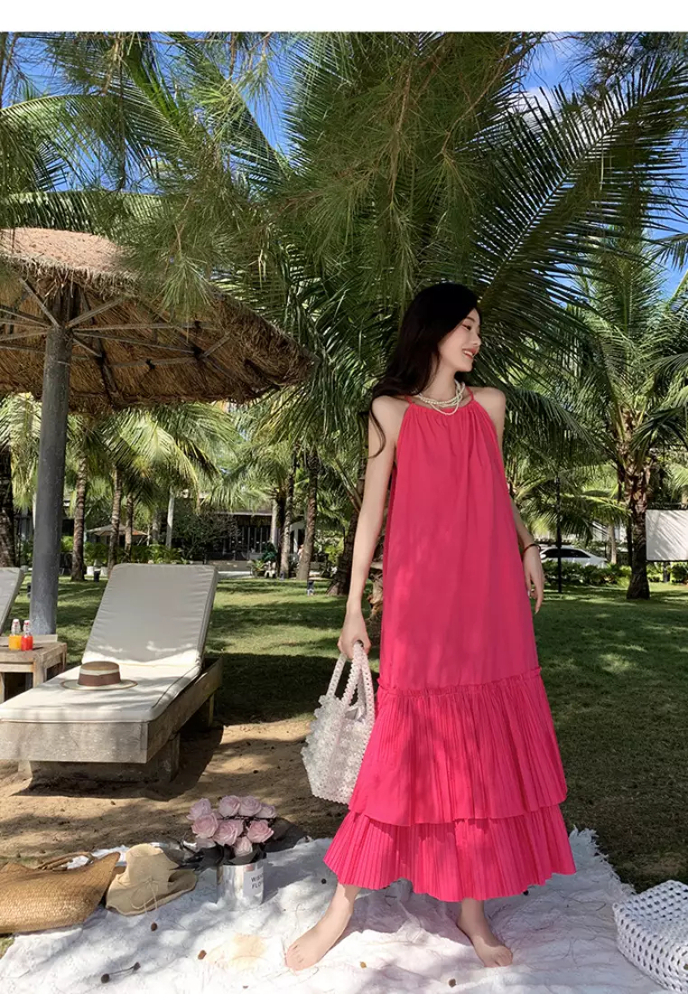 New Rose Red Loose Lotus Leaf Vest Dress K071102-sunnydaysweety