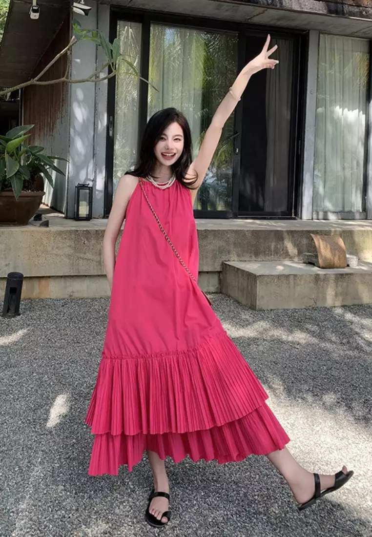 New Rose Red Loose Lotus Leaf Vest Dress K071102-sunnydaysweety