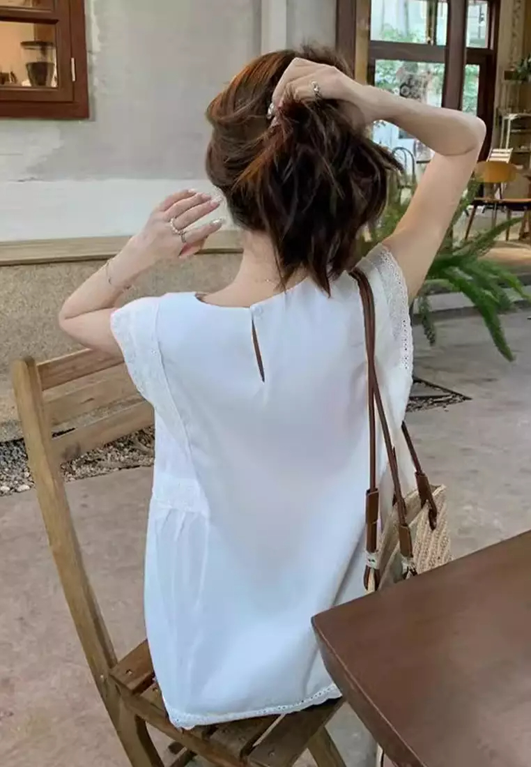 2024 New Solid Round Neck Lace Sleeveless Shirt Top CA24061826BK