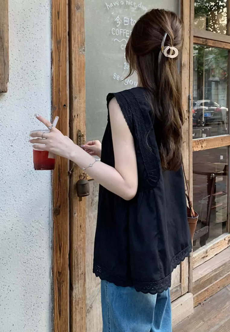 2024 New Solid Round Neck Lace Sleeveless Shirt Top CA24061826BK