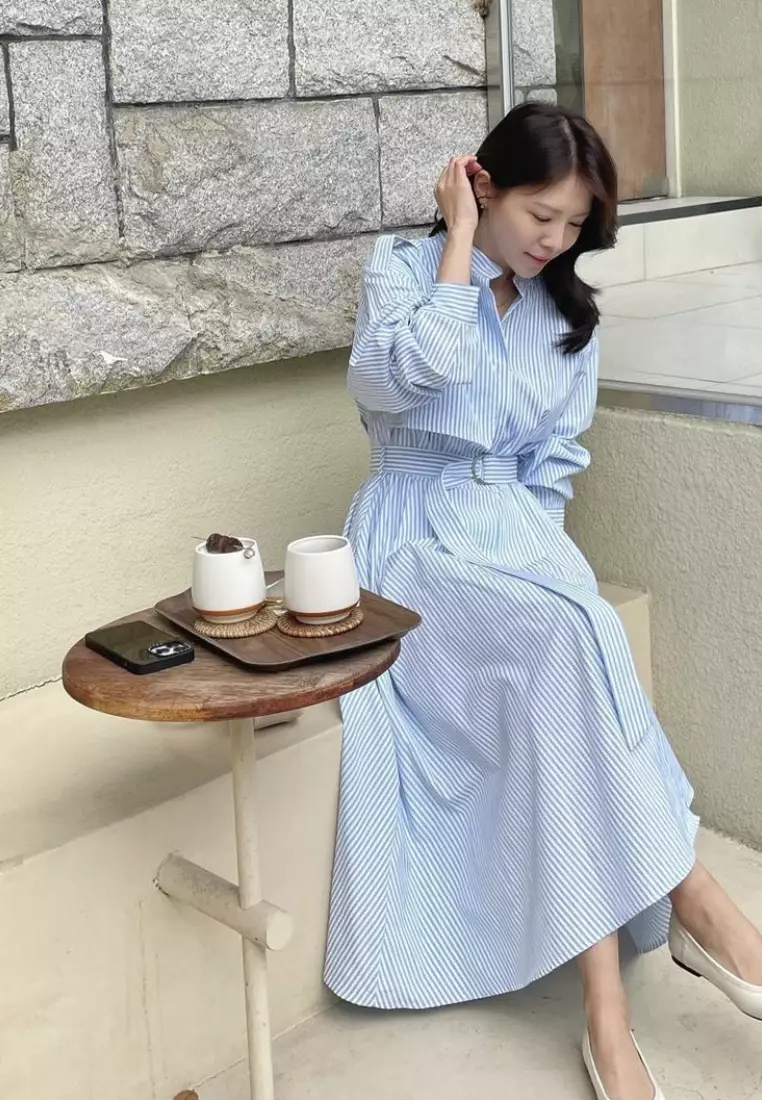 2024 New Striped Long Sleeve Shirt Dress K092501-BL