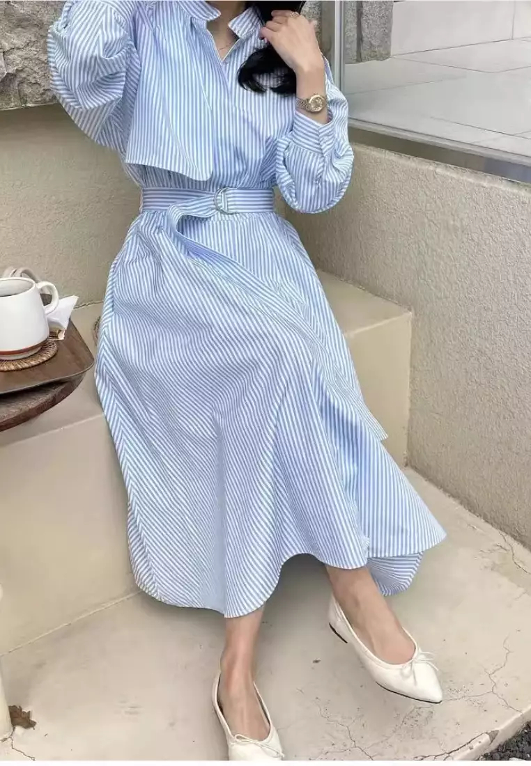 2024 New Striped Long Sleeve Shirt Dress K092501-BL