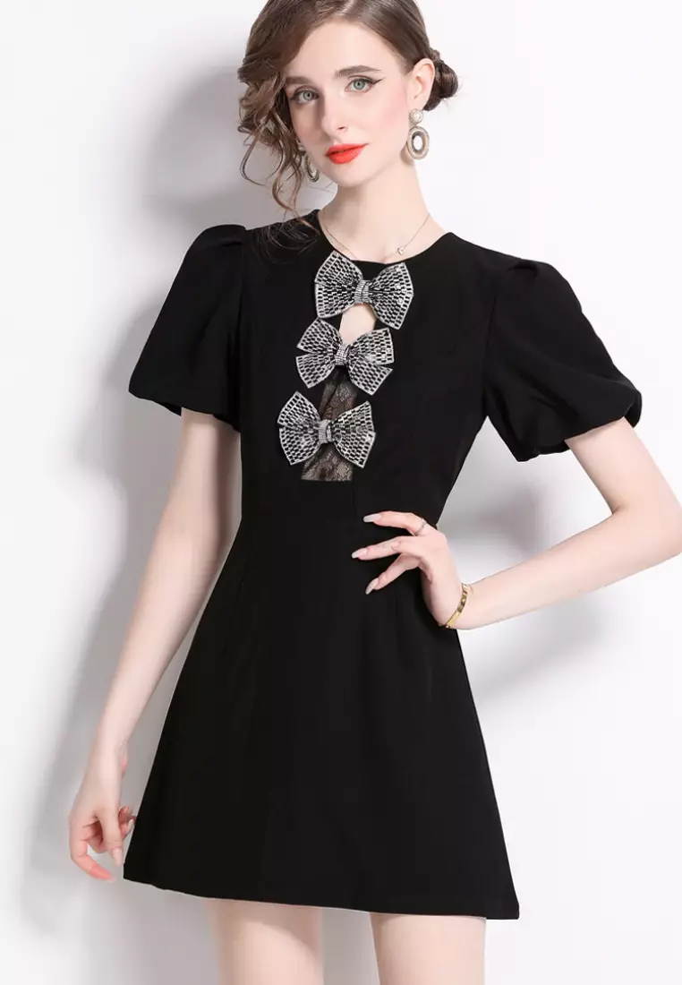 2024 New Style Elegant Three-Dimensional Rhinestone Bowknot Black Dress K071504