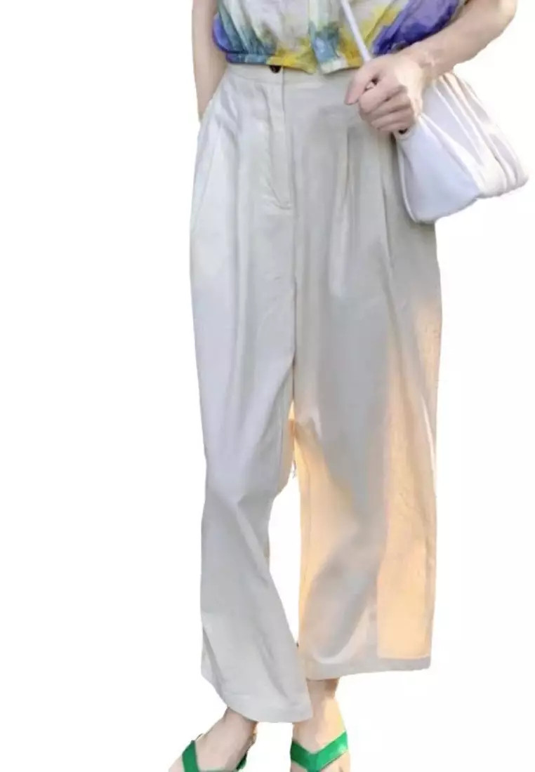  New Style Off-White Ramie Cropped Straight Pants K070801-sunnydaysweety