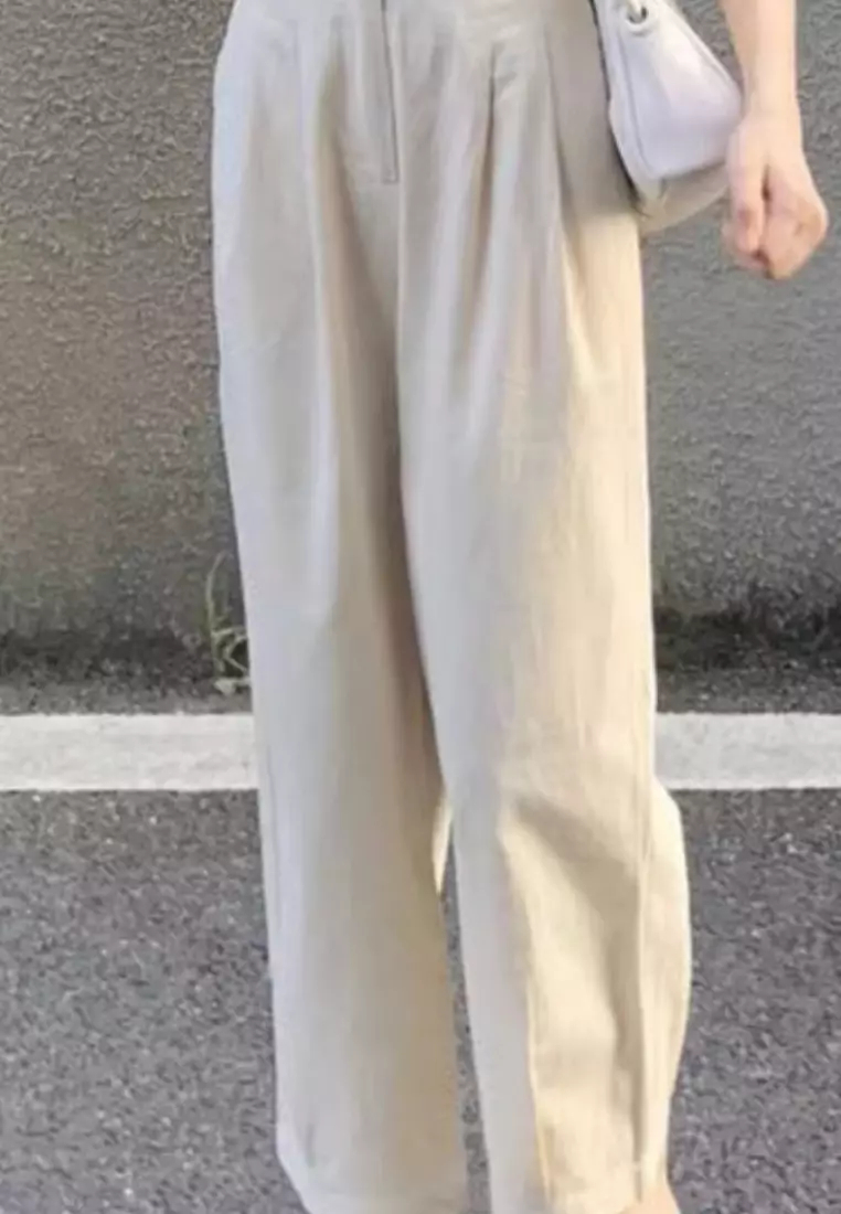  New Style Off-White Ramie Cropped Straight Pants K070801-sunnydaysweety